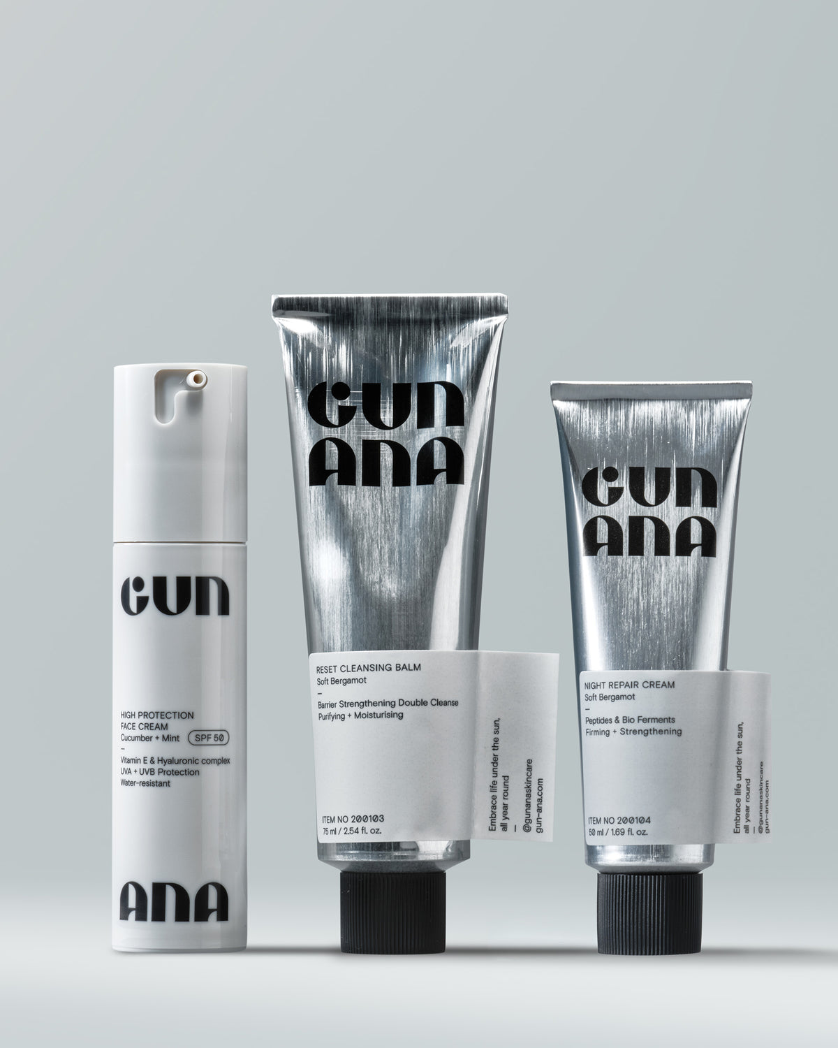 Gun Ana Face Care Routine with a white pump bottle and two silver tubes