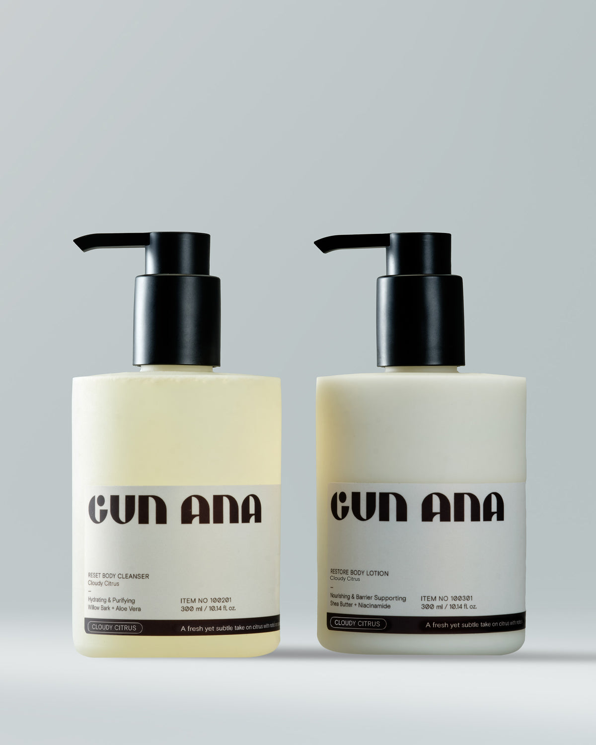 Gun Ana Body Care Duo Cloudy Citrus with cleanser and lotion pump bottles