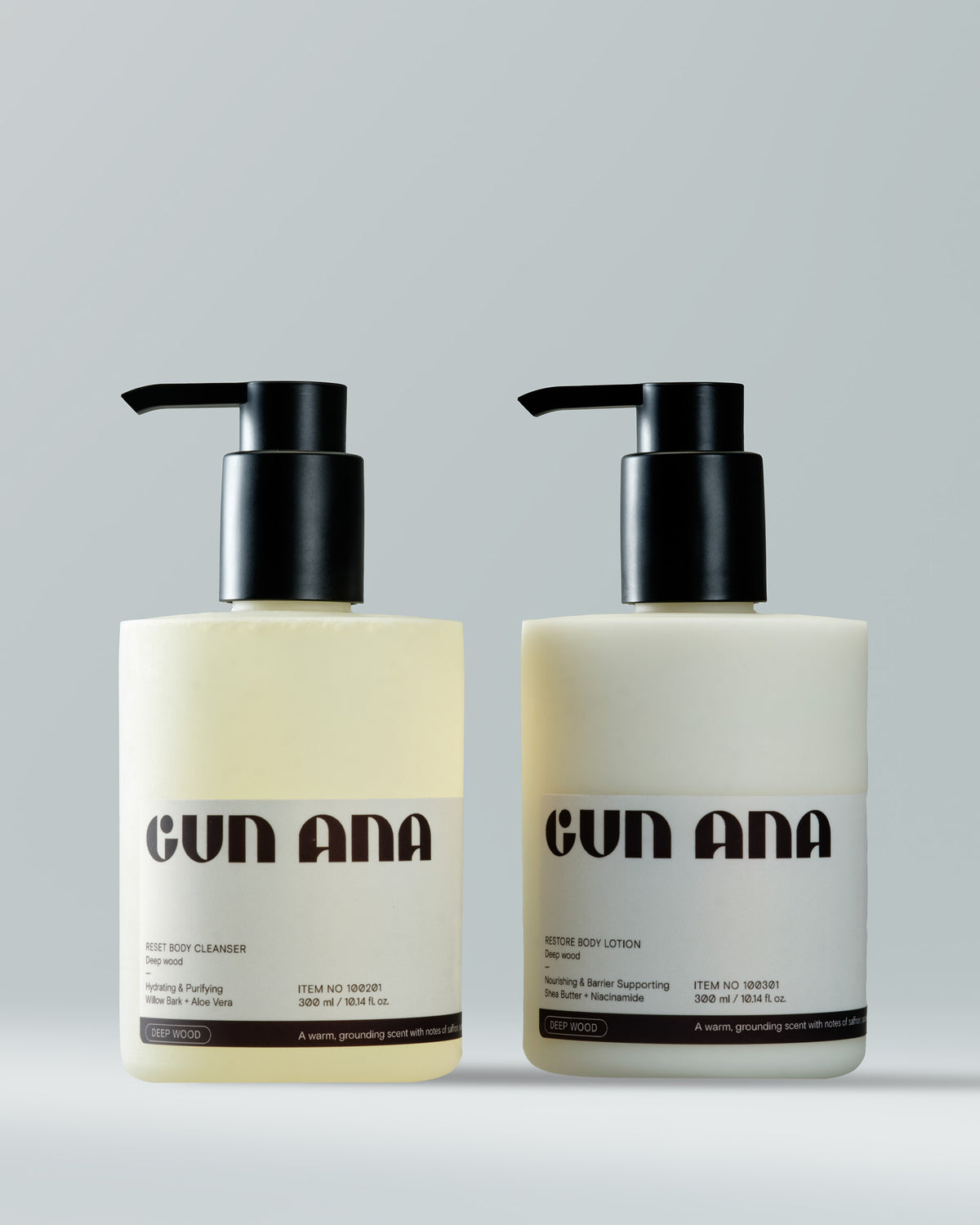 Gun Ana Body Care Duo Deep Wood with cleanser and lotion pump bottles